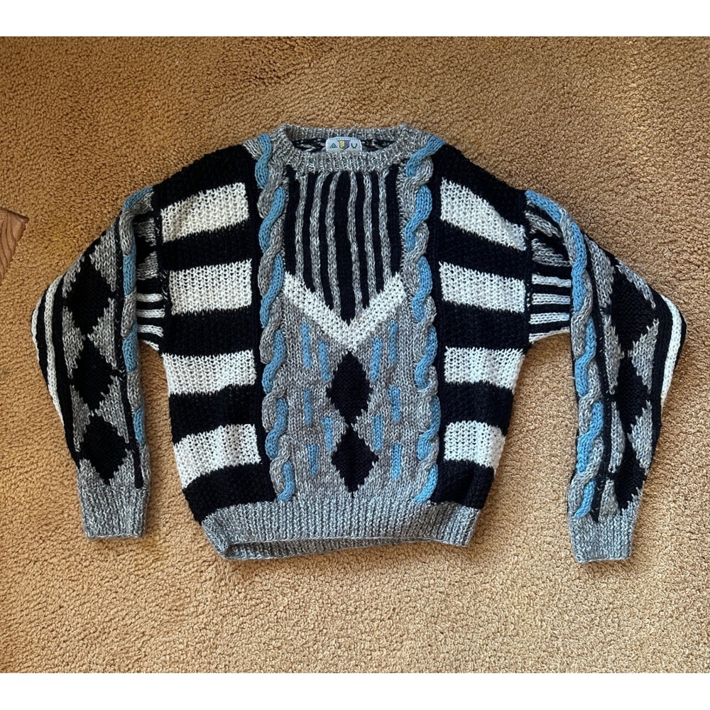 VTG 80s Rough Cut Chunky Knit M Geometric Oversized Grandpa Coogi Style Retro